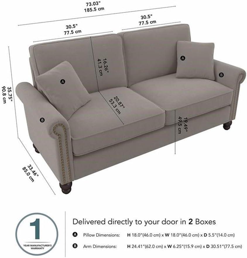 Bush Furniture 73 Inch Living Room Sofa, Pet-Friendly Couch with Fabric Upholstery and Nailhead Trim, Traditional, Coventry Collection, Beige Herringbone