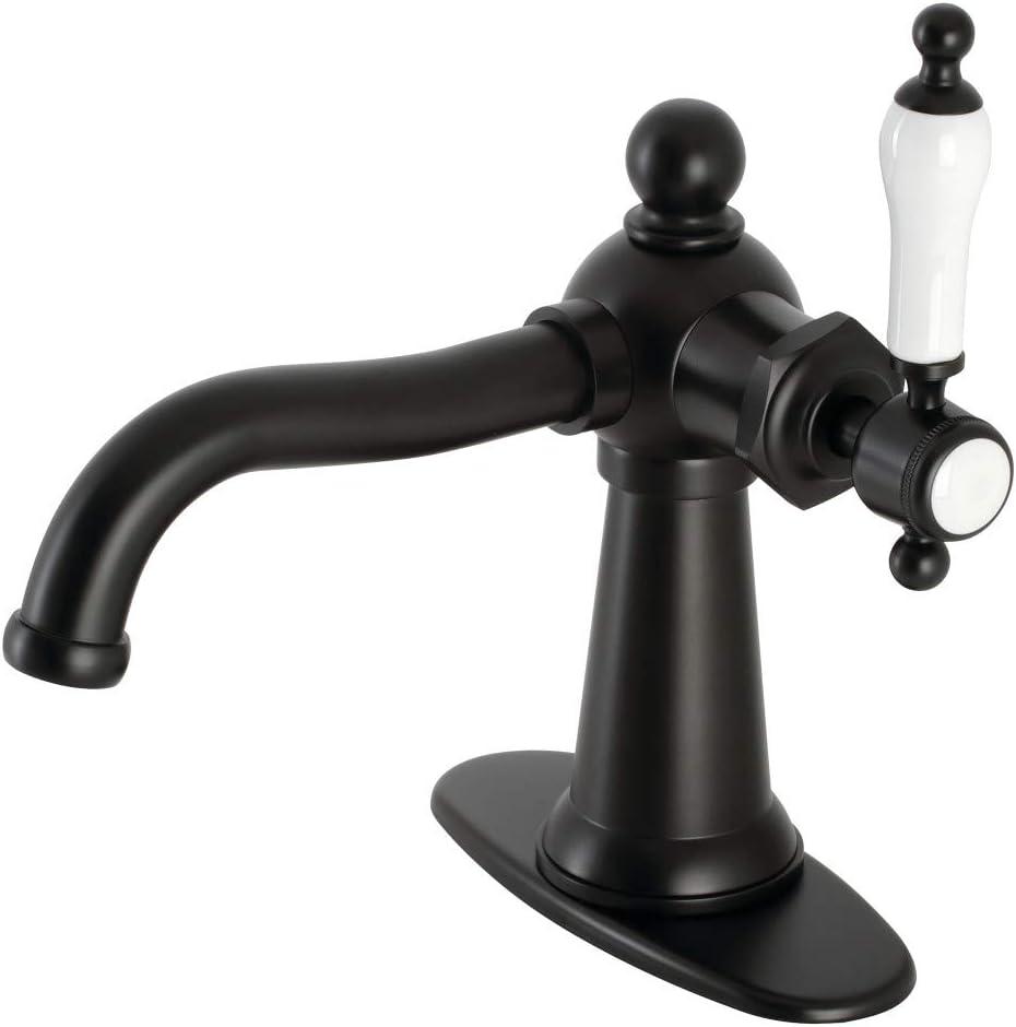 Kingston Brass KSD154KLMB Nautical One-Handle Single-Hole Bathroom Faucet with Deck Plate and Push Pop-Up Drain, Matte Black