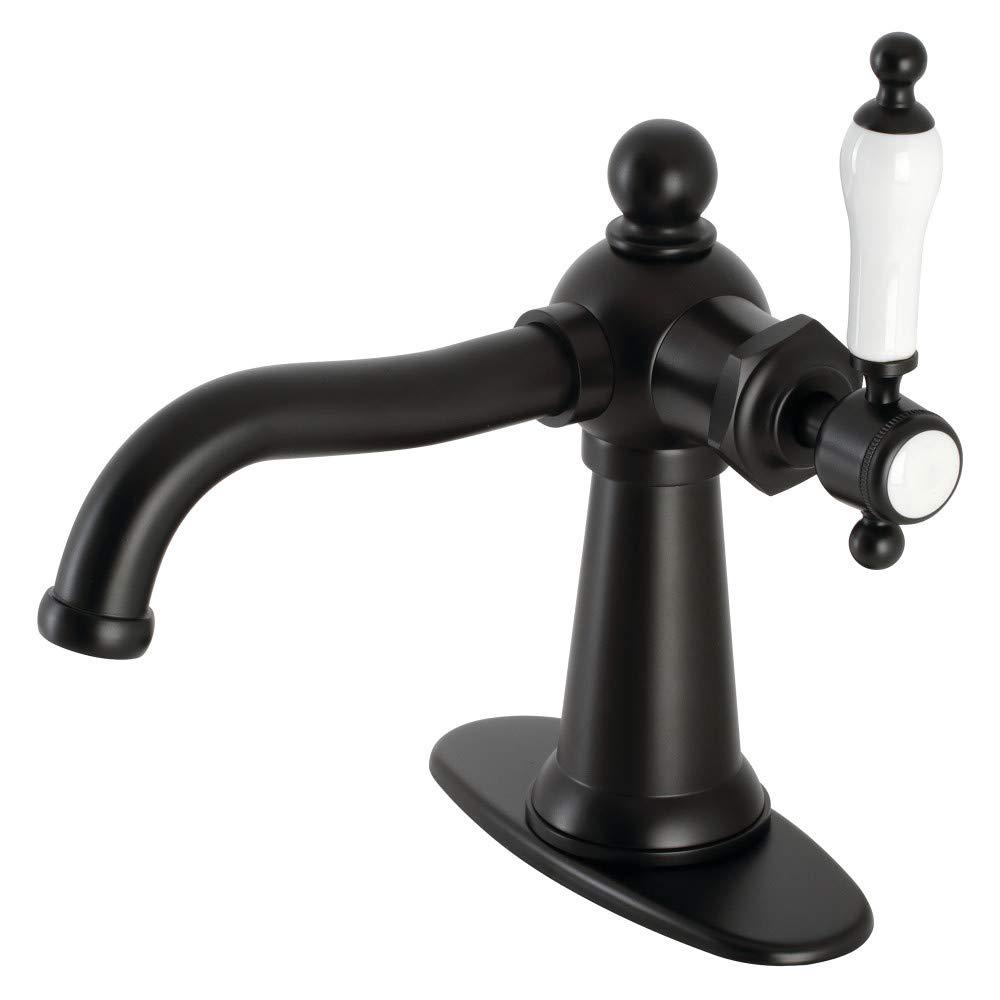Kingston Brass KSD154KLMB Nautical One-Handle Single-Hole Bathroom Faucet with Deck Plate and Push Pop-Up Drain, Matte Black