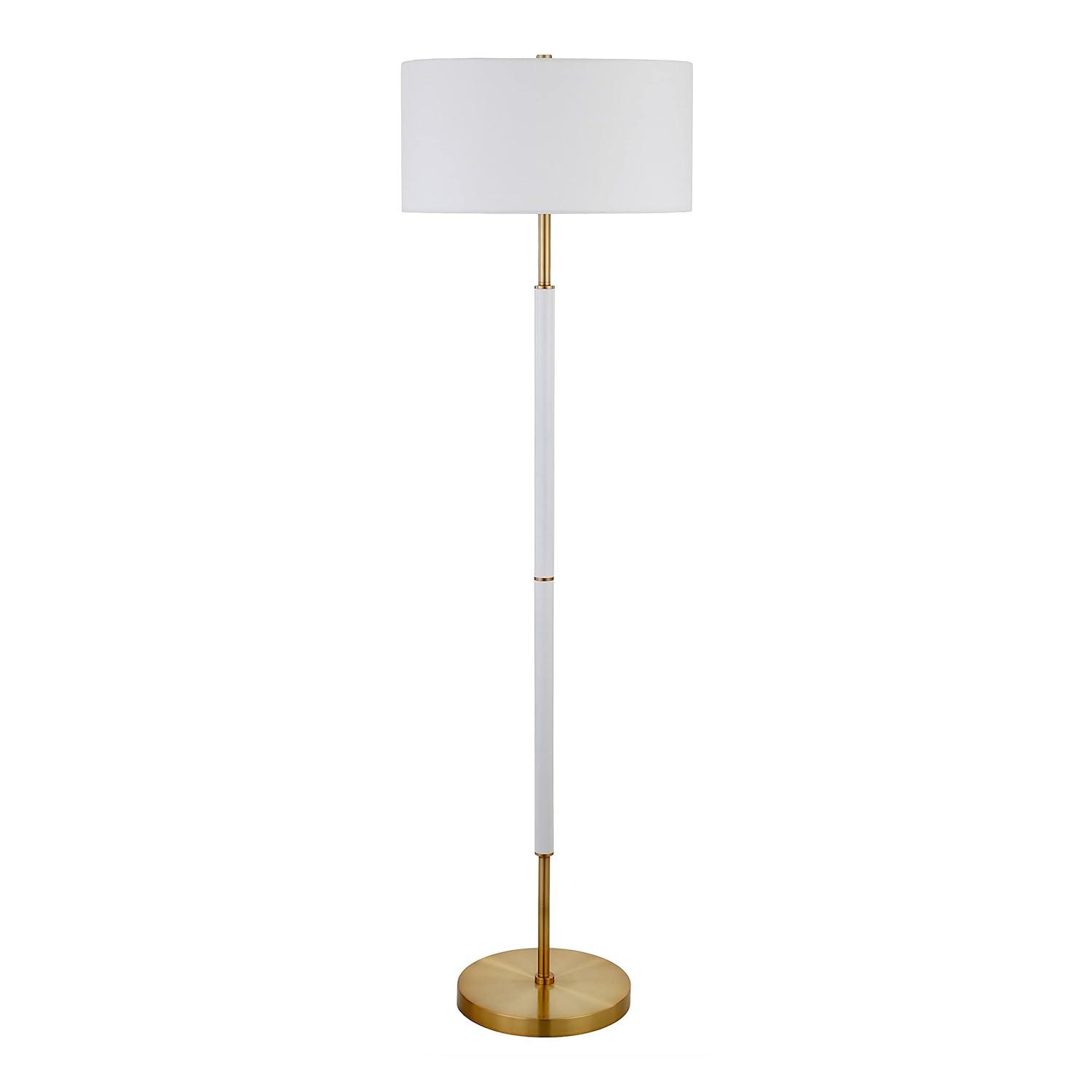 Evelyn&Zoe Simone 2-Light Floor Lamp with Fabric Shade, Matte White/Brass/White