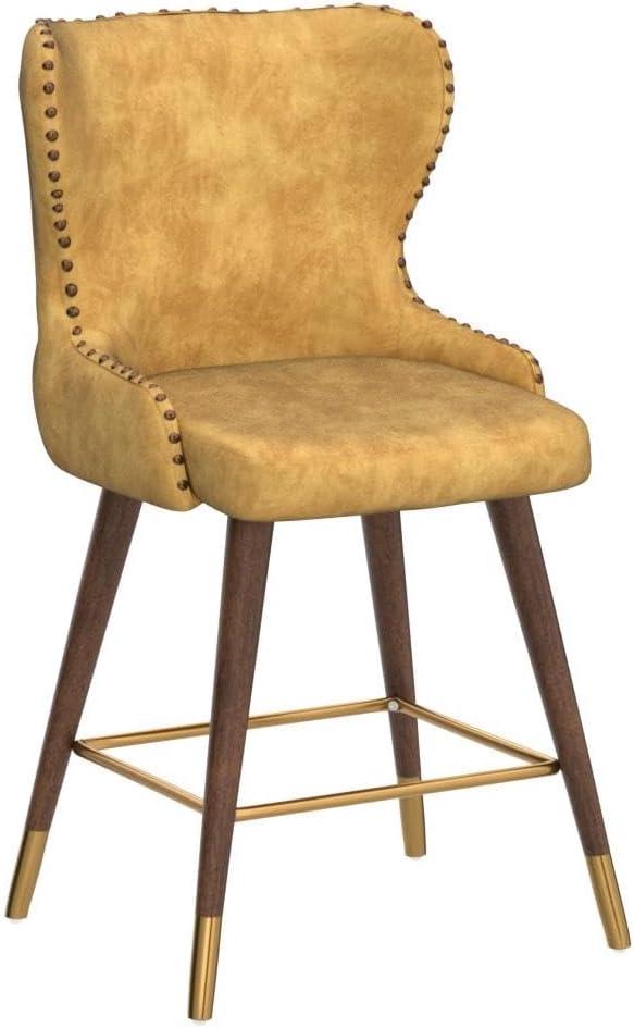 Roundhill Furniture Nevis Mid-century Modern Faux Leather Tufted Nailhead Trim Counter Stool Set of 2, Yellow, 24.5" Seat Height