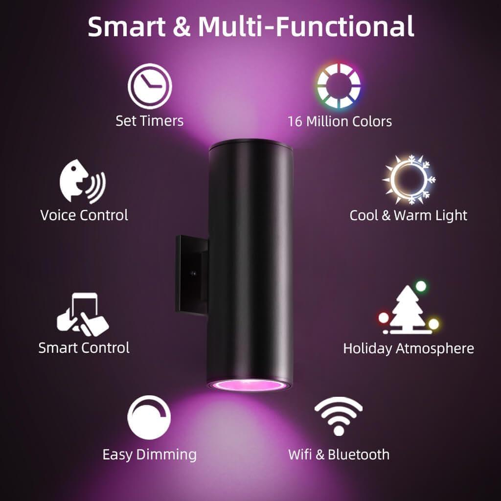 Modern RGB Outdoor Light, 2700K-6500K Ambience Outdoor Wall Sconce Color Changing, Wifi App Control Up Down Lights, Smart Exterior Wall Light For House Porch, Works With Alexa Google Assistant