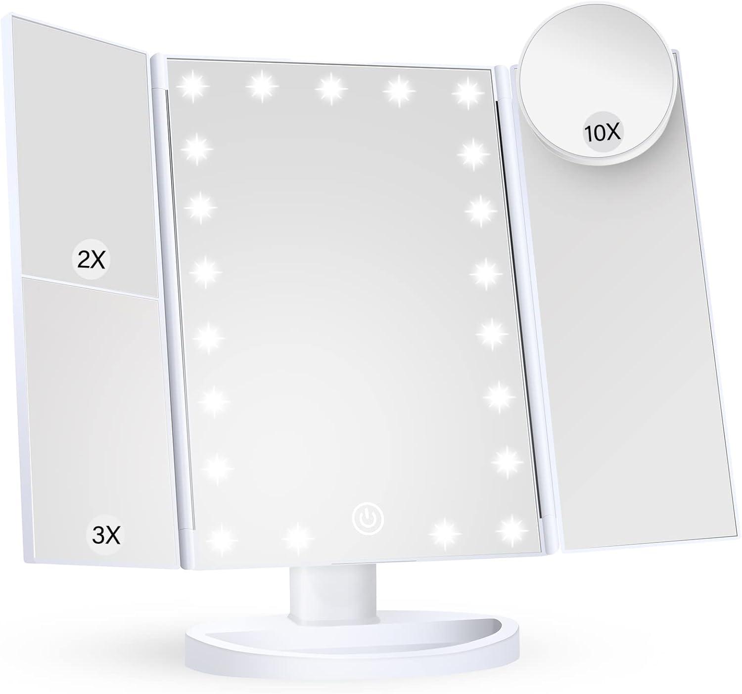 HUONUL Makeup Mirror Vanity Mirror with Lights, 2X, 3X, 10X Magnification, Touch Control, Trifold, White, 9.4"L x 13.4"W, Modern Style, Dresser Mount, Bathroom