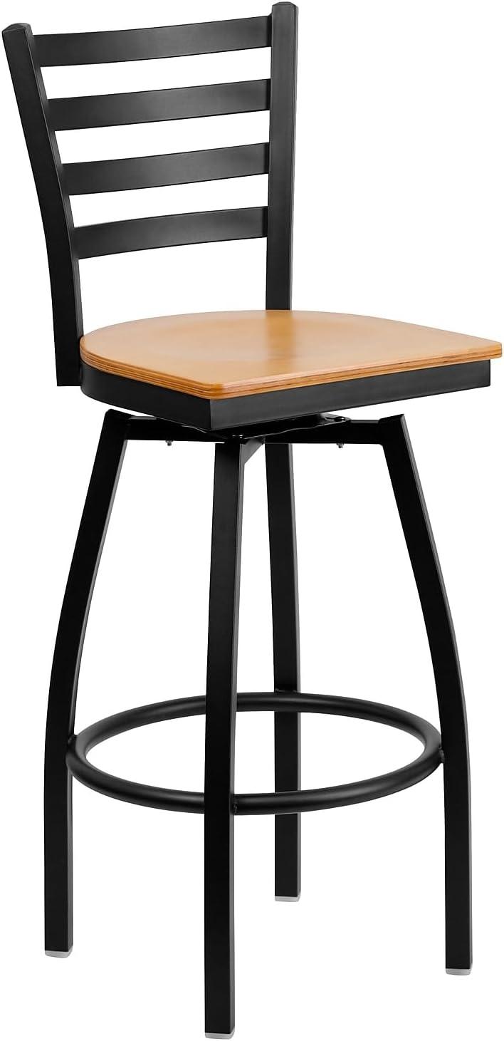 Flash Furniture HERCULES Series Black Ladder Back Swivel Metal Barstool - Natural Wood Seat