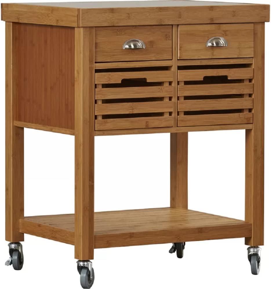 Boraam Kenta Bamboo Kitchen Cart - Stainless Steel Top