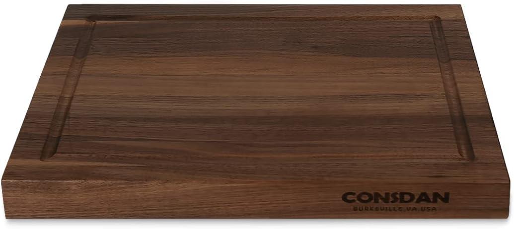 CONSDAN Black Walnut Butcher Block Cutting Board with Invisible Inner Handles, USA Grown Hardwood, 1-1/2" Thick, 16" L x 12" W