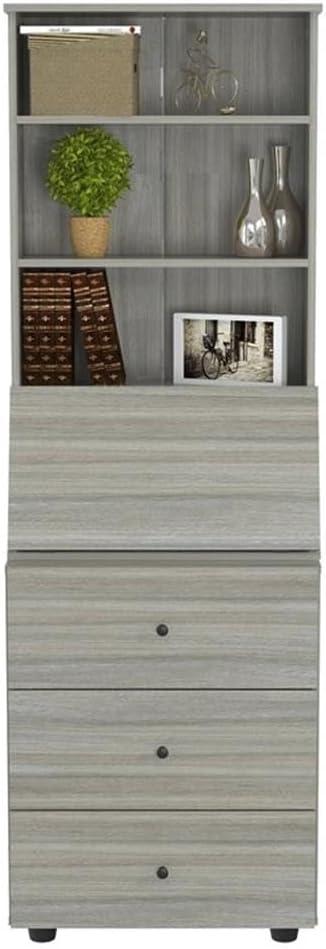 Computer Credenza Workcenter Gray - Inval: Smoke Oak Laminate, Glass Doors, Cable Management