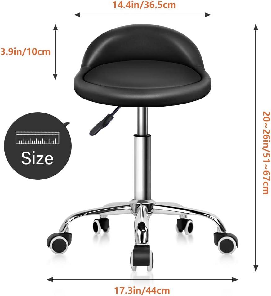 Black Adjustable Swivel Leather Rolling Stool with Backrest