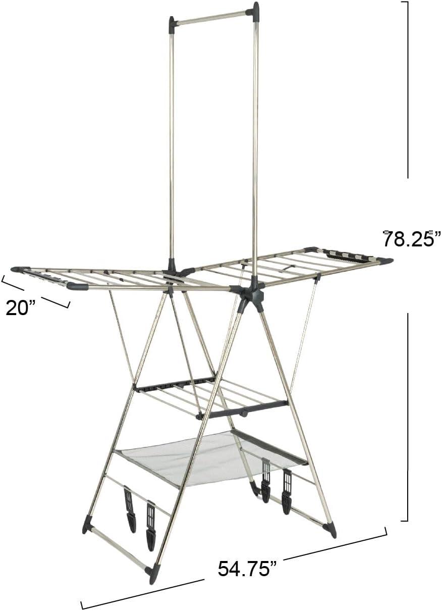 Multi-Tier Silver Stainless Steel Laundry Drying Rack with T Bar