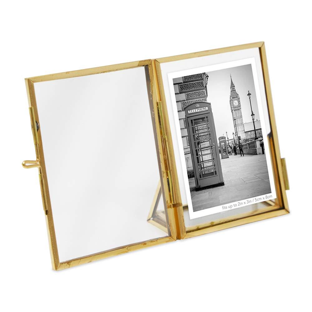 Isaac Jacobs 2x3, Antique Gold, Vintage Style Brass and Glass, Floating Photo Frame, Metal, Vertical, with Locket Closure and Angled Base
