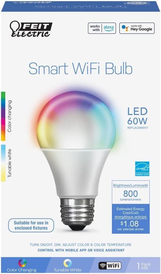 Feit Electric A19 E26 (Medium) Smart WiFi LED Bulb Color Changing 60 Watt Equivalence 1 pk