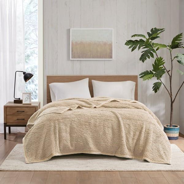 Woolrich King Burlington Solid Berber Cozy Soft Brushed Bed Blanket Tan: Velvet Construction, OEKO-TEX Certified, Machine Washable