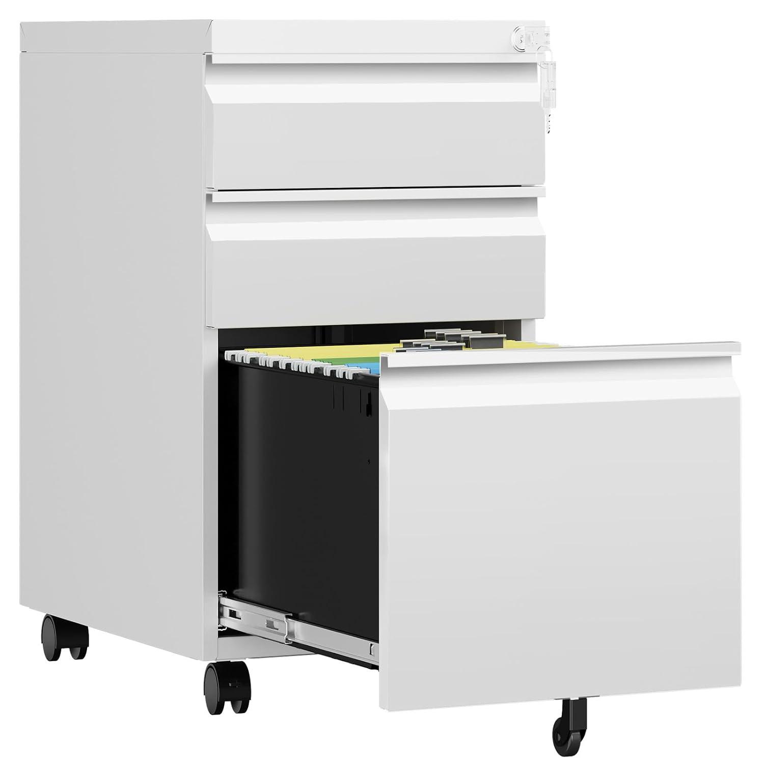 3 Drawer Mobile File Cabinet with Lock, Rolling File Cabinets for Home Office, Under Desk Small File Caninet on wheels, Metal Vertical White Filing Cabnet for Legal/Letter/A4 - Assembly Required