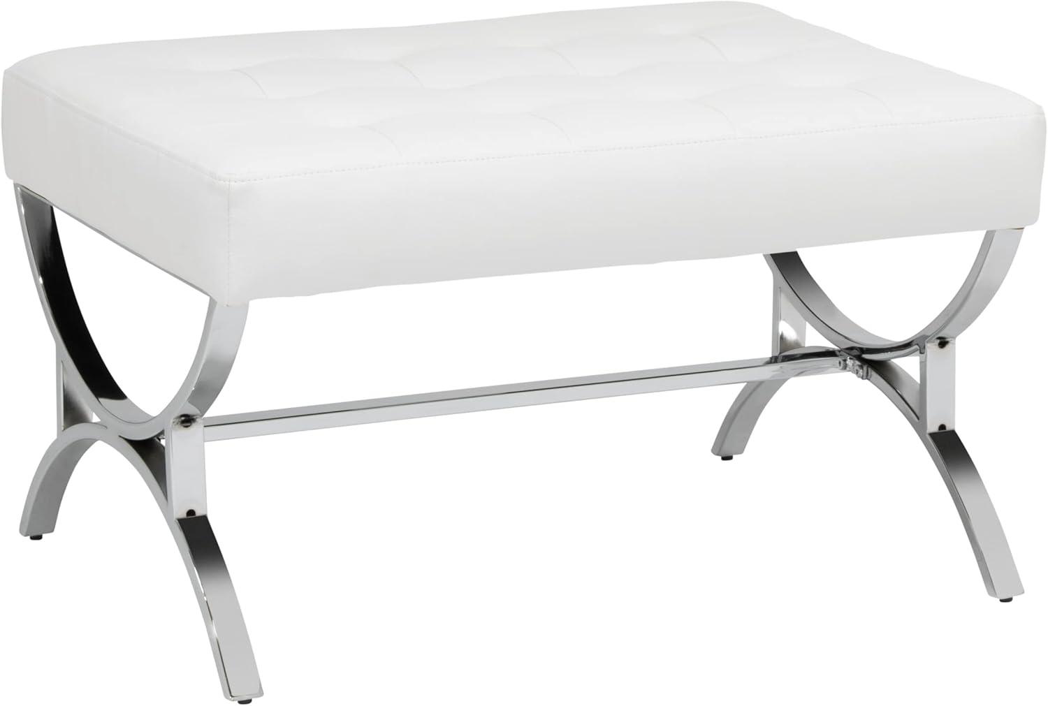 White Tufted Bonded Leather Ottoman with Chrome Frame