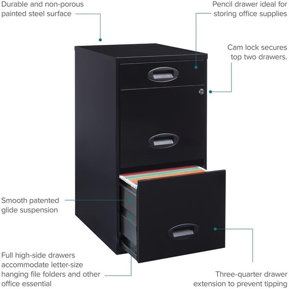 Space Solutions 3 Drawer Letter Width Vertical File Cabinet with Pencil Drawer, Black