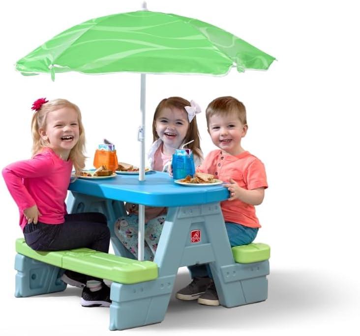 Step2 Rectangle Sun & Shade Picnic Table with Umbrella - Blue/Green
