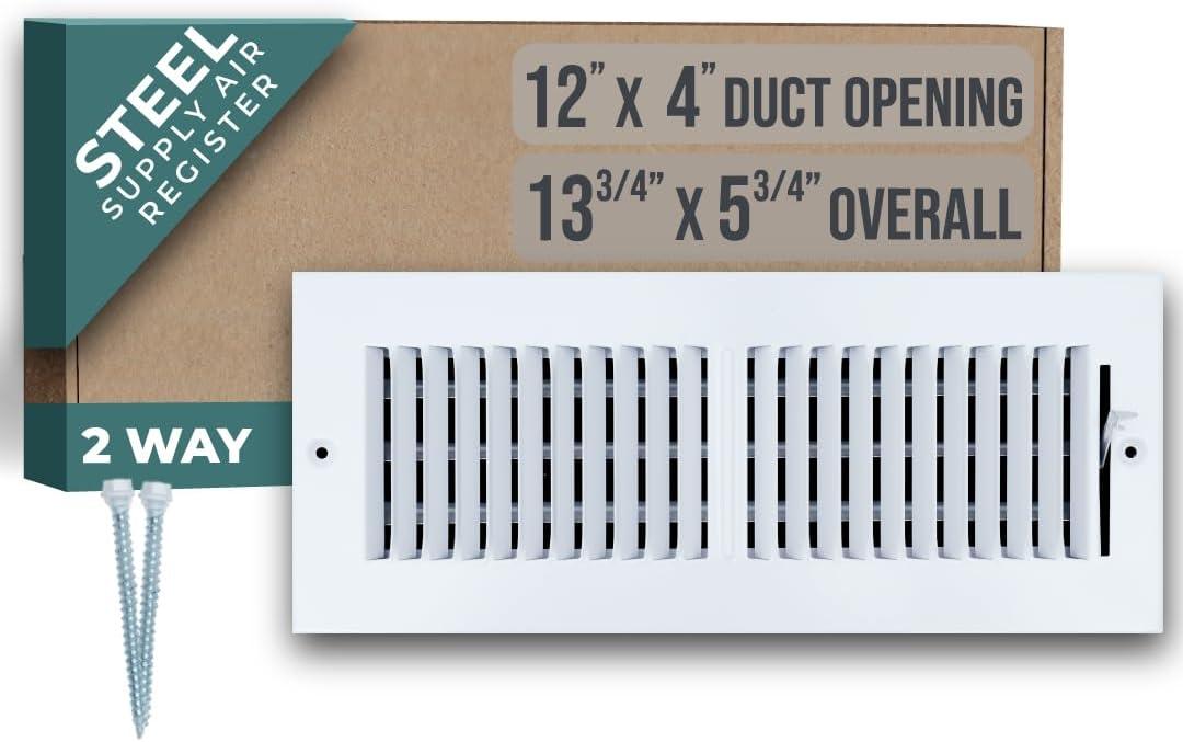 White Steel 12x4 Duct Opening 2-Way Air Supply Diffuser