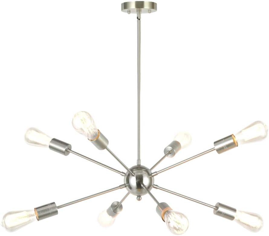 Sputnik Chandelier 8 Lights Brushed Nickel Modern Pendant Lighting Mid Century Flush Mount Ceiling Light Fixture Adjustable Height for Kitchen Dining Room Living Room Bedroom Foyer