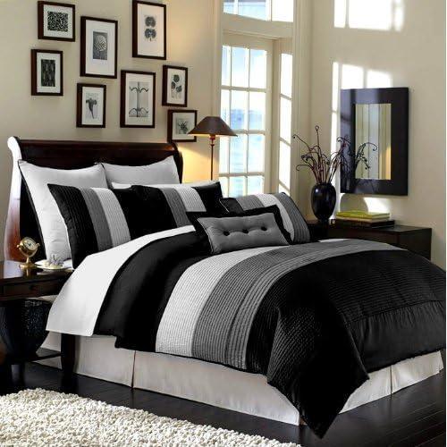 Full Black and Gray Striped 8-Piece Comforter Set