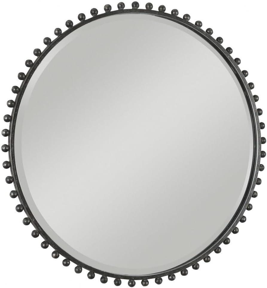 Uttermost Round Vanity Accent Wall Mirror Industrial Beveled Distressed Black Gray Glaze Iron Frame 32" Wide for Bathroom Bedroom