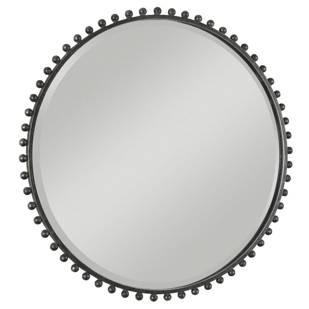 Uttermost Round Vanity Accent Wall Mirror Industrial Beveled Distressed Black Gray Glaze Iron Frame 32" Wide for Bathroom Bedroom