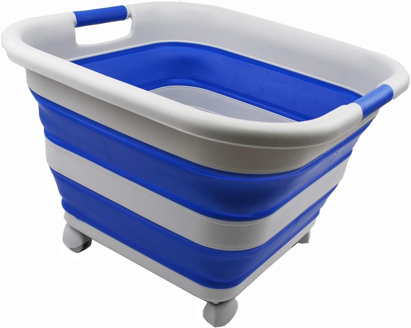 SAMMART 39L (10.3 Gallons)  Collapsible Plastic Laundry Basket with Wheels, Grey/Purplish Blue