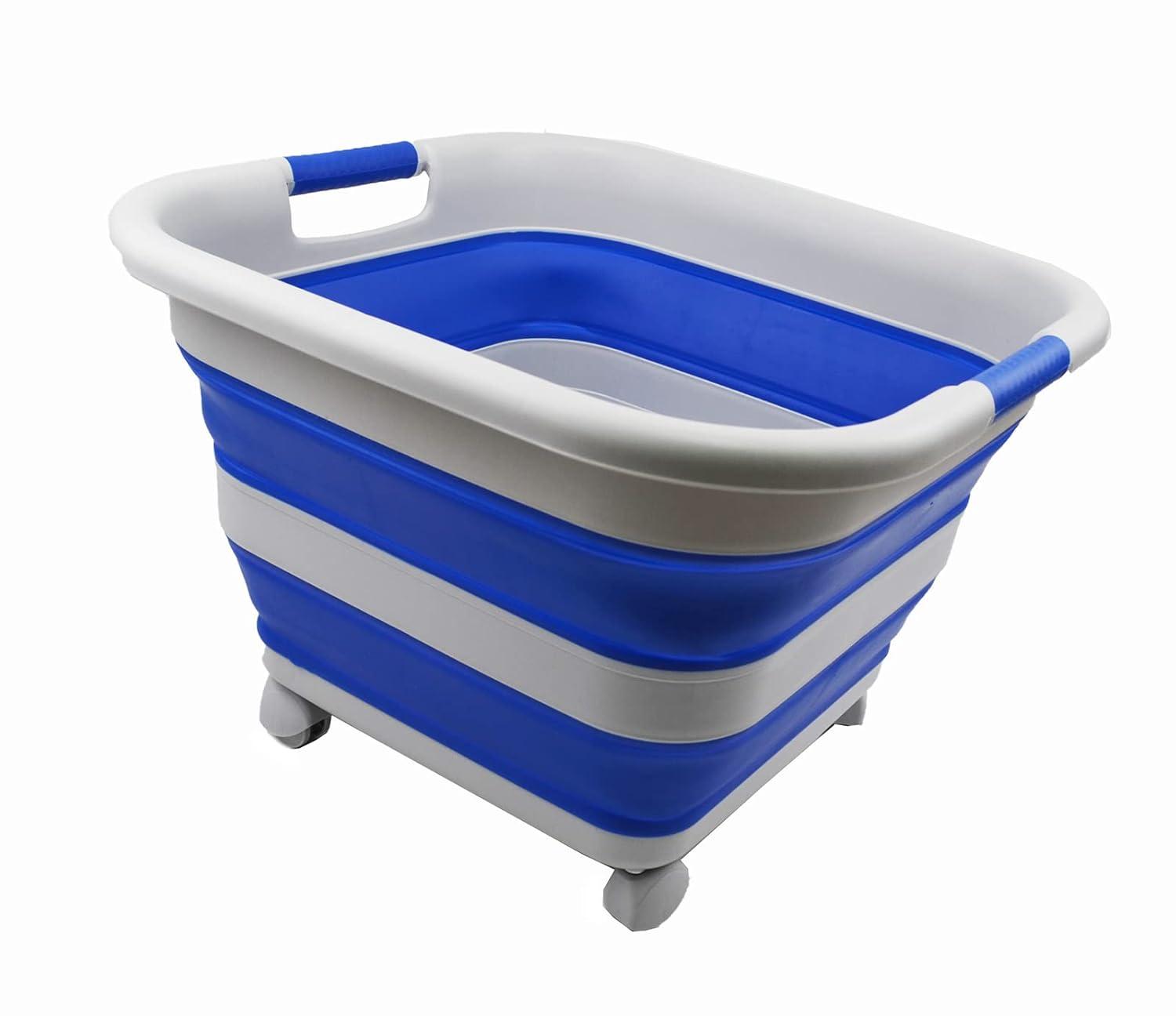 SAMMART 39L (10.3 Gallons)  Collapsible Plastic Laundry Basket with Wheels, Grey/Purplish Blue