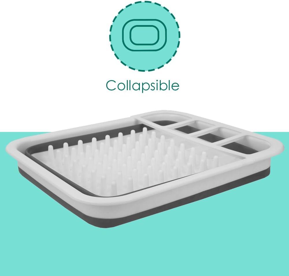 White and Gray Collapsible Silicone Dish Rack with Utensil Cup