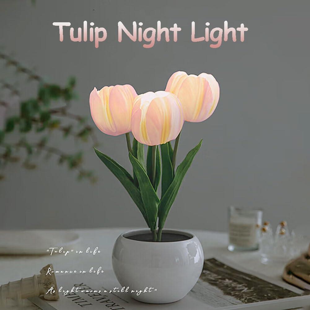 Flower Table Lamp Tulip Desk LED Night Light Heads Artificial Flower Lamp Small Desk Decor Lamp Desk Tablefor Bedroom Bedside Lamp Ambient Light Decor (White-USB)