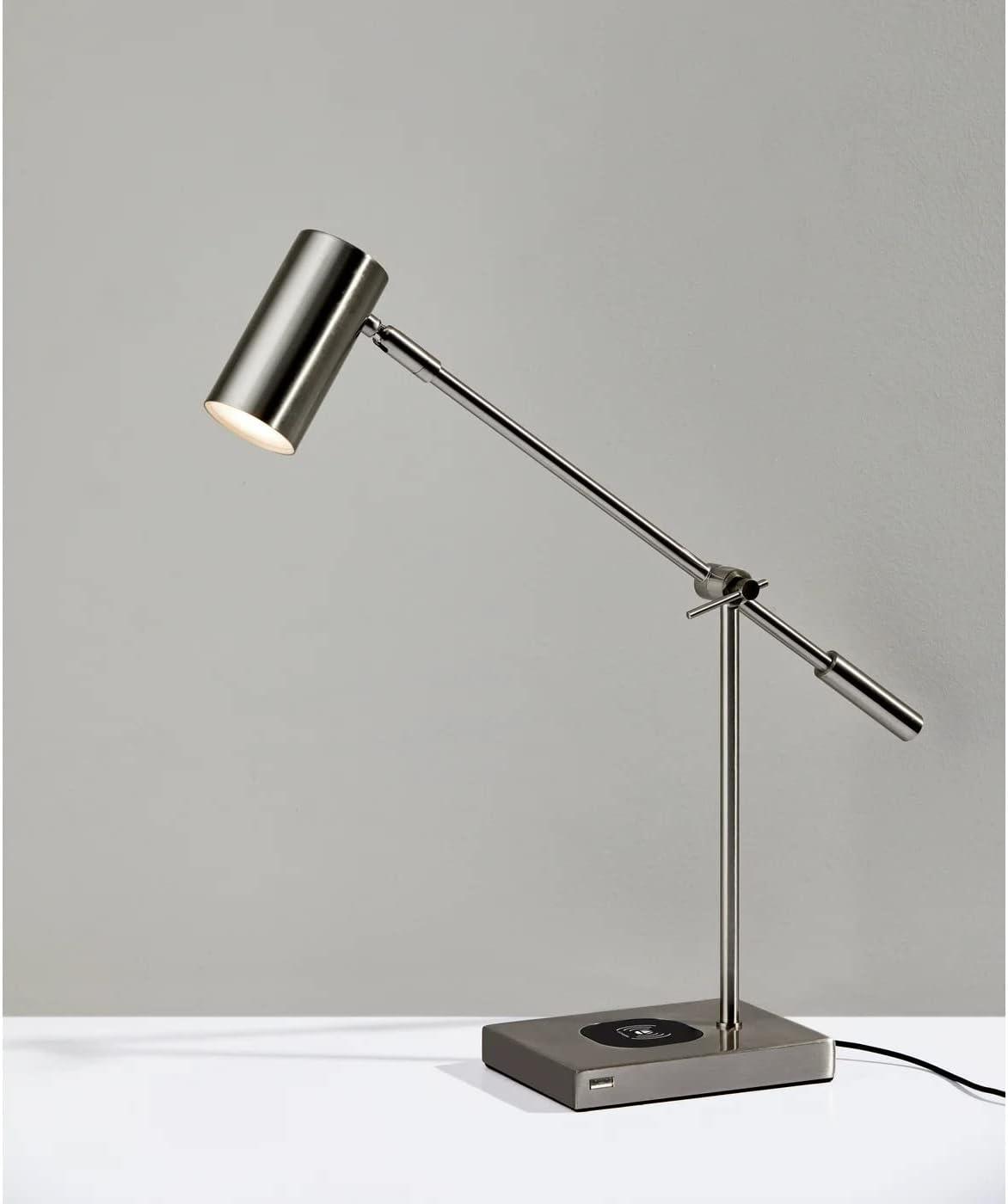 Flemings Brushed Steel Adjustable LED Desk Lamp with USB & Qi Charging