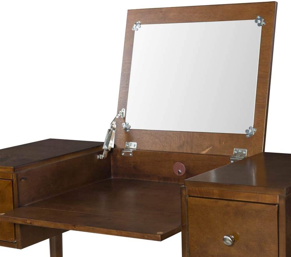 Viola Mid-Century Modern Flip-up Mirror 2 Drawer Vanity and Upholstered Stool Brown - Linon: Rubberwood, MDF, Lift-Top Storage