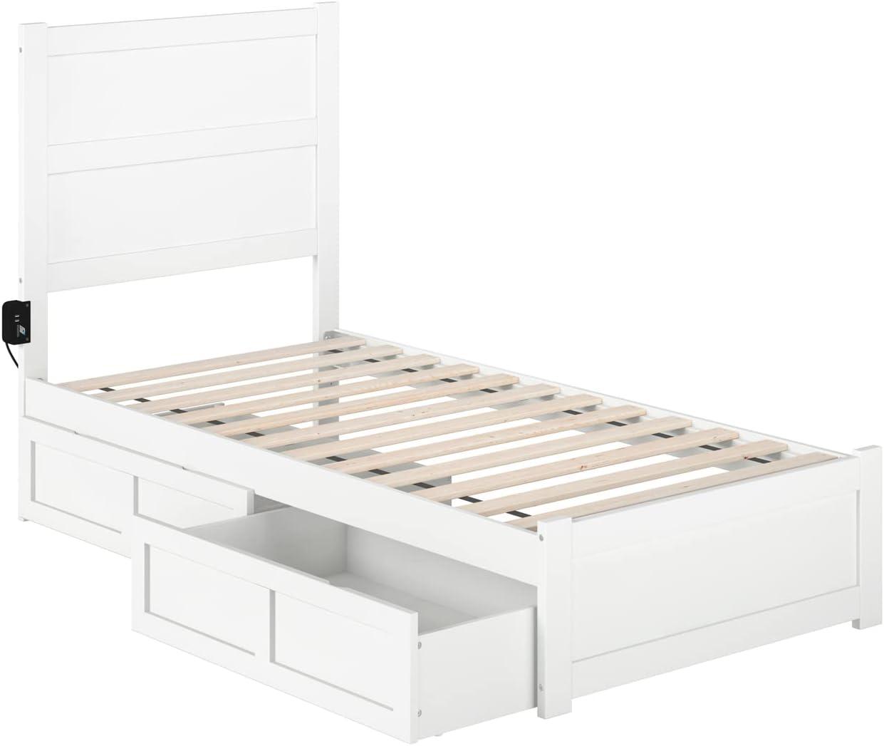 White Twin Platform Bed with Storage Drawers and Headboard