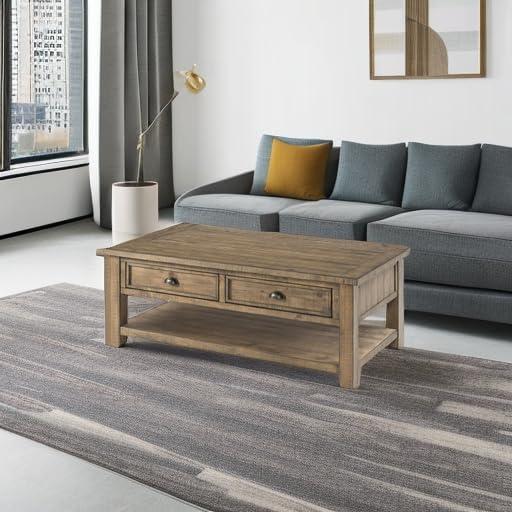 Mesa de Centro Rectangular de Madera Estilo Costero con 2 Cajones, Marrón- Saltoro Sherpi
