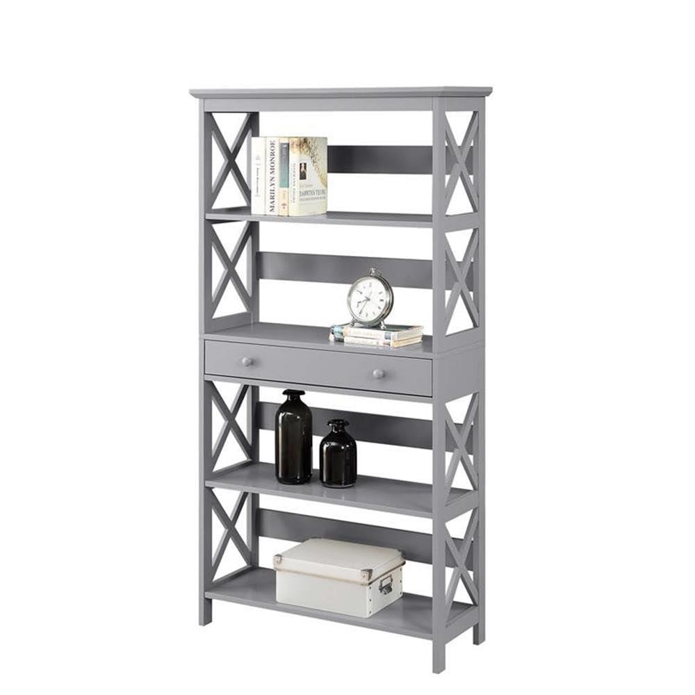 Convenience Concepts Oxford Five-Tier Bookcase with Drawer in Gray Wood Finish