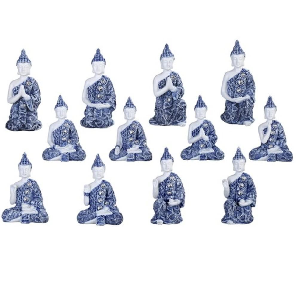 ICE ARMOR 12-Piece Blue and White Miniature Buddha in Different Poses 3.5"H Statue Feng Shui Decoration Figurine Set Office Desk/Home/Living Room/Table Decor, Perfect house warming gifts for new home