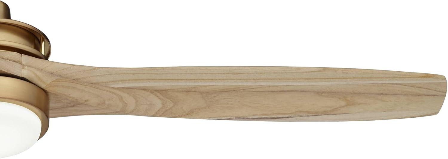 Casa Vieja 52" Windspun Modern Indoor Ceiling Fan 3 Blade LED Light Remote Control Soft Brass Finish Natural Wood Blades Bedroom Living Room Kitchen