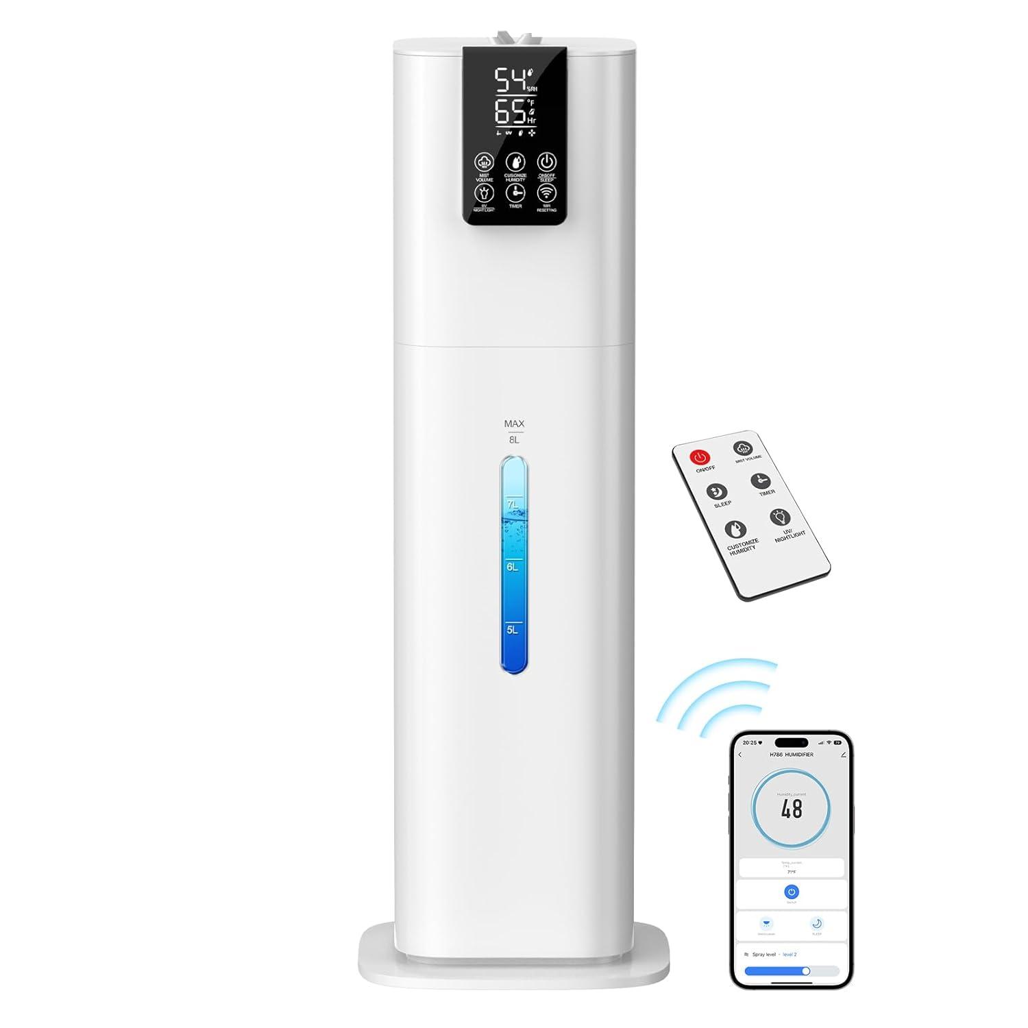 Smart Humidifiers Large Room Bedroom Home,2.11Gal(8L) Quiet Top Fill Cool Mist Humidifier,Smart App & Remote Control, 3 Speed Humidifier with 360°Nozzle,Humidity Setting for Baby Office Plant(White)