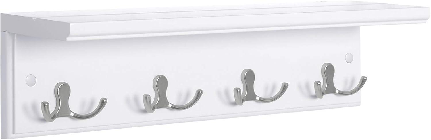 White MDF Wall-Mounted Coat Rack with Shelf and Metal Hooks