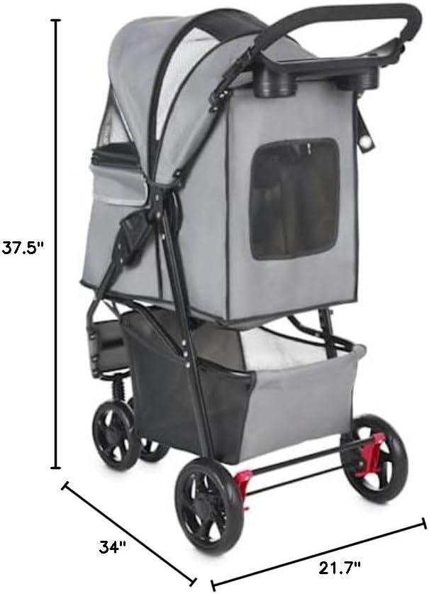 Gray Collapsible Pet Stroller with Mesh Panels and Storage