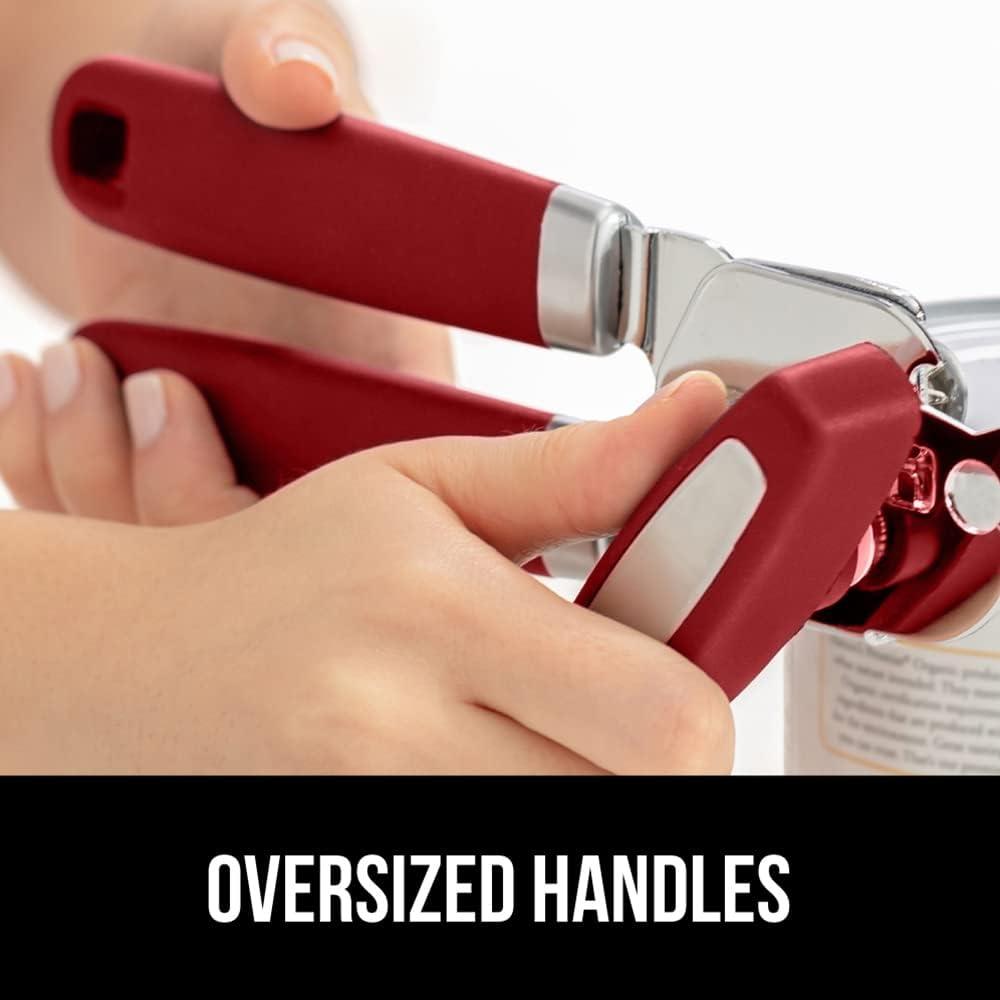 Gorilla Grip Stainless Steel Manual Can Opener, Soft Touch Handle, Built-In Bottle Opener, Red