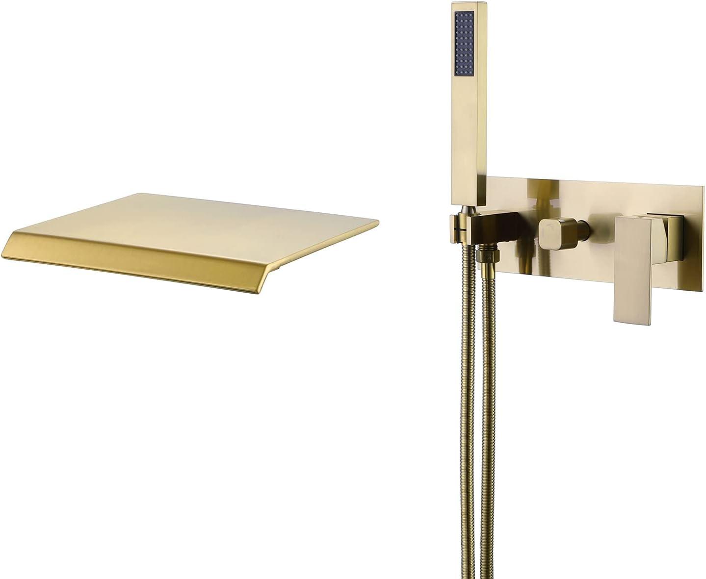 Wall Mounted Tub Filler with hand shower, Two Handles Brushed Gold Waterfall Bathtub Faucet with Rough-in Valve