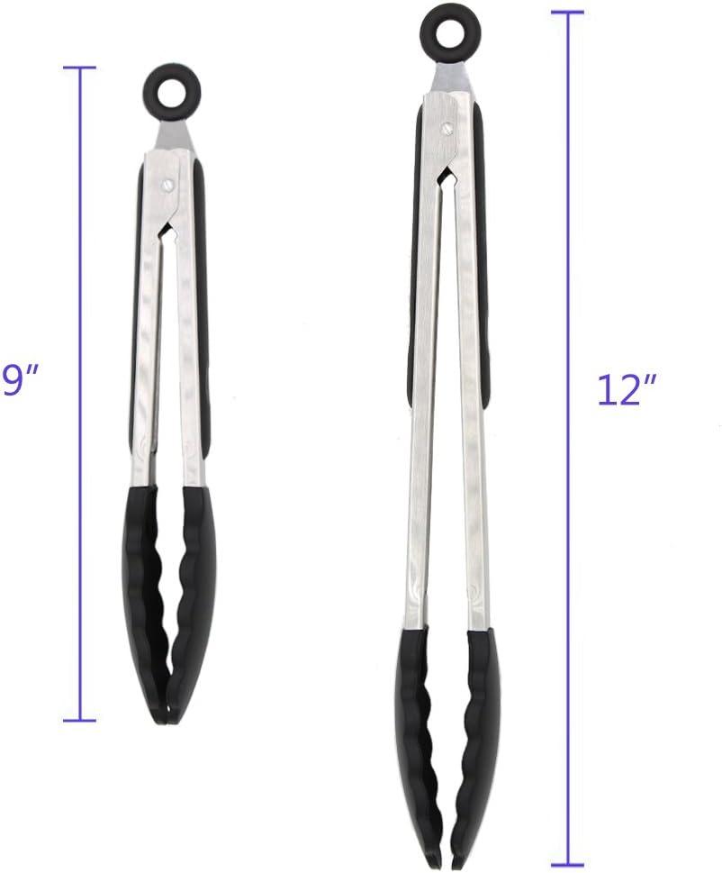 2 Pack Black Kitchen Tongs, Premium Silicone BPA Free Non-Stick Stainless Steel BBQ Cooking Grilling Locking Food Tongs, 9-Inch & 12-Inch