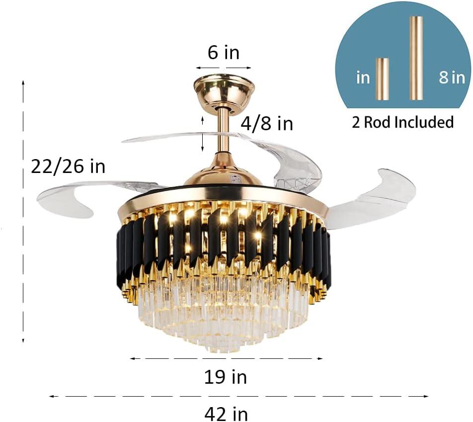 HOOMEDELIER 42" Chandelier Ceiling Fan with Remote, Crystal Beads Framed Fan with 4 Retractable Blades Smart Indoor Fandelier Fan