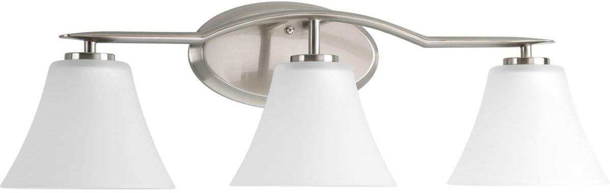 Progress Lighting Bravo Collection 3-Light Bath Wall Light in Brushed Nickel with Etched Glass Shades