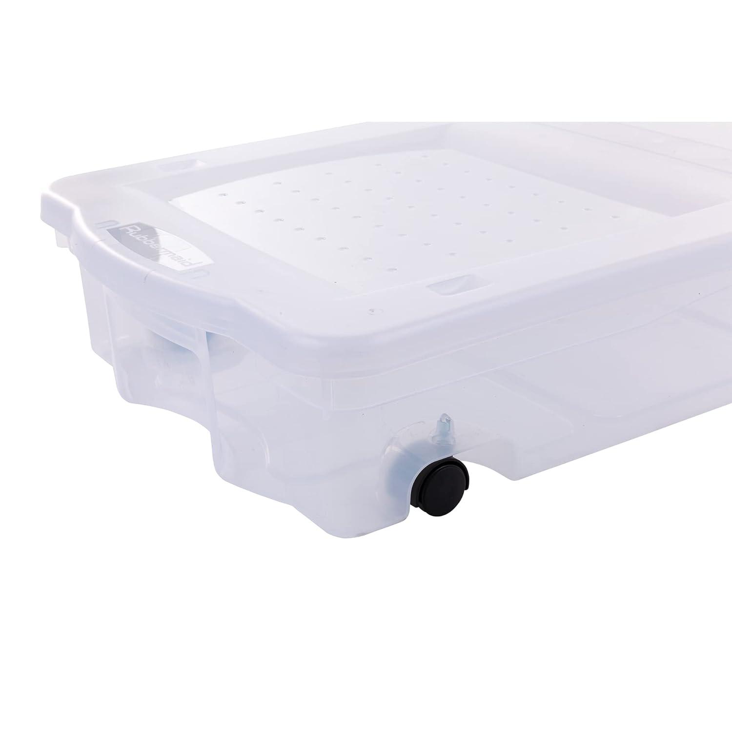 Rubbermaid Under Bed Wheeled Storage Box, 2-Pack, Made In USA, Plastic Containers With Dual-Hinged Lids And Sturdy Wheels, Visible Organization For Tight Spaces