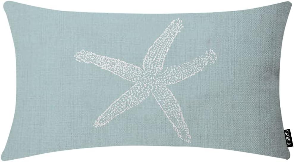 EKOBLA Green Starfish Sea Star Vintage Pastel Sea Foam Blue Fish Decorative Pillow Case Throw Pillow Covers Waist Lumbar Cotton Linen Throw Pillow Cases Cushion Cover Rectangular 12x20 Inches