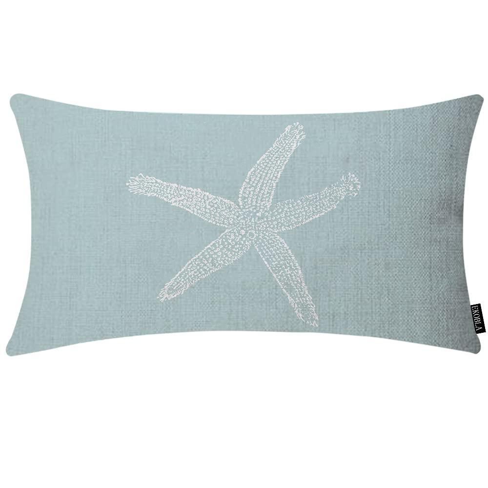 EKOBLA Green Starfish Sea Star Vintage Pastel Sea Foam Blue Fish Decorative Pillow Case Throw Pillow Covers Waist Lumbar Cotton Linen Throw Pillow Cases Cushion Cover Rectangular 12x20 Inches