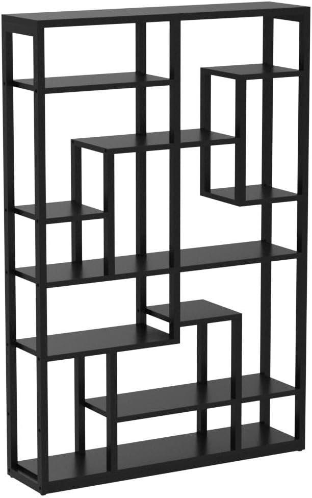 Black Metal and Wood 9-Tier Geometric Bookshelf