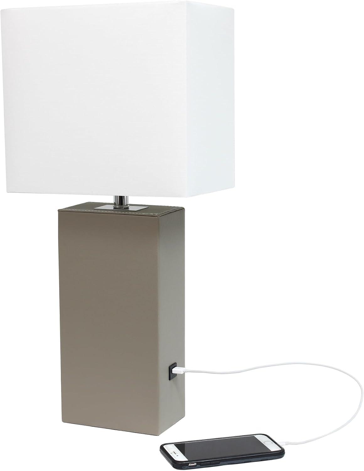 Modern Leather Table Lamp with USB and Fabric Shade - Elegant Designs