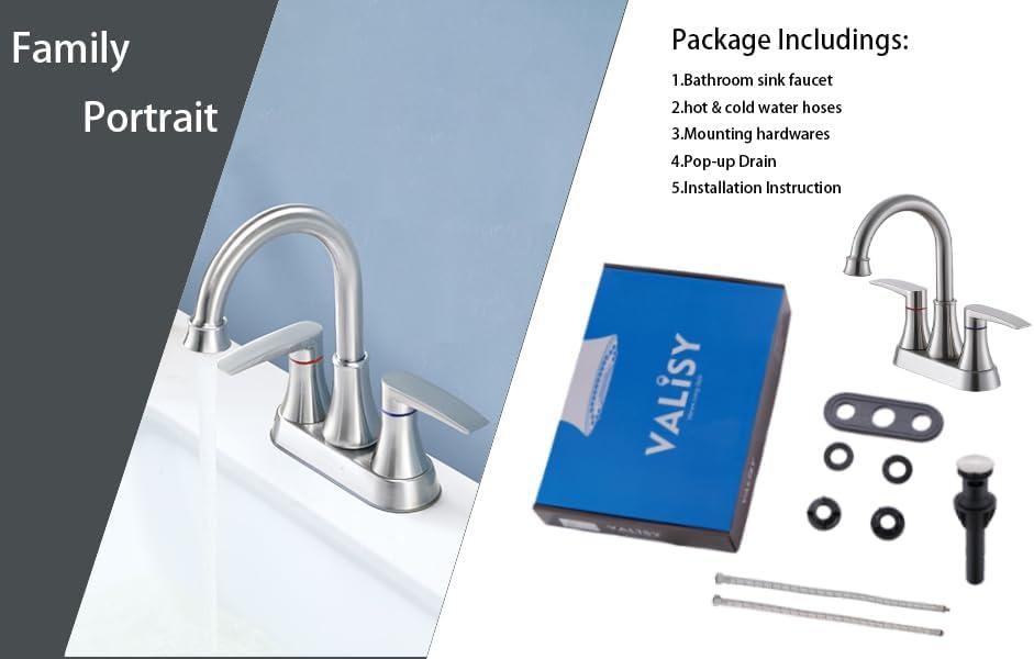 Brushed Nickel Bathroom Faucet, 2-Handle Lead-Free 360° Swivel High-Arc Spout 4 Inch Centerset Bath Lavatory Vanity Sink Faucets Set for Sinks with Drain & Water Hoses, VABM80008L